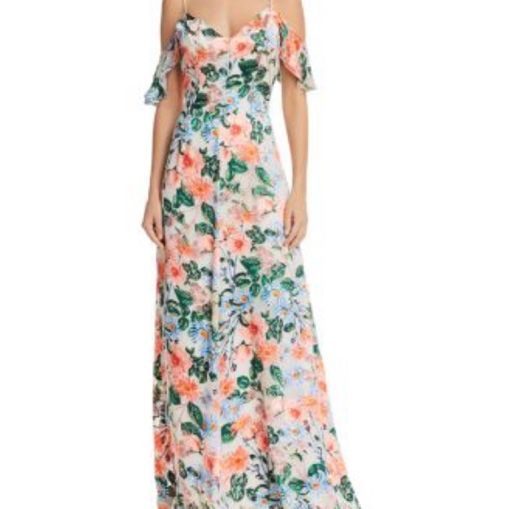 NWT Alice + Olivia Coral & Blue Floral Cold-Shoulder Maxi Dress - Picture 3 of 5